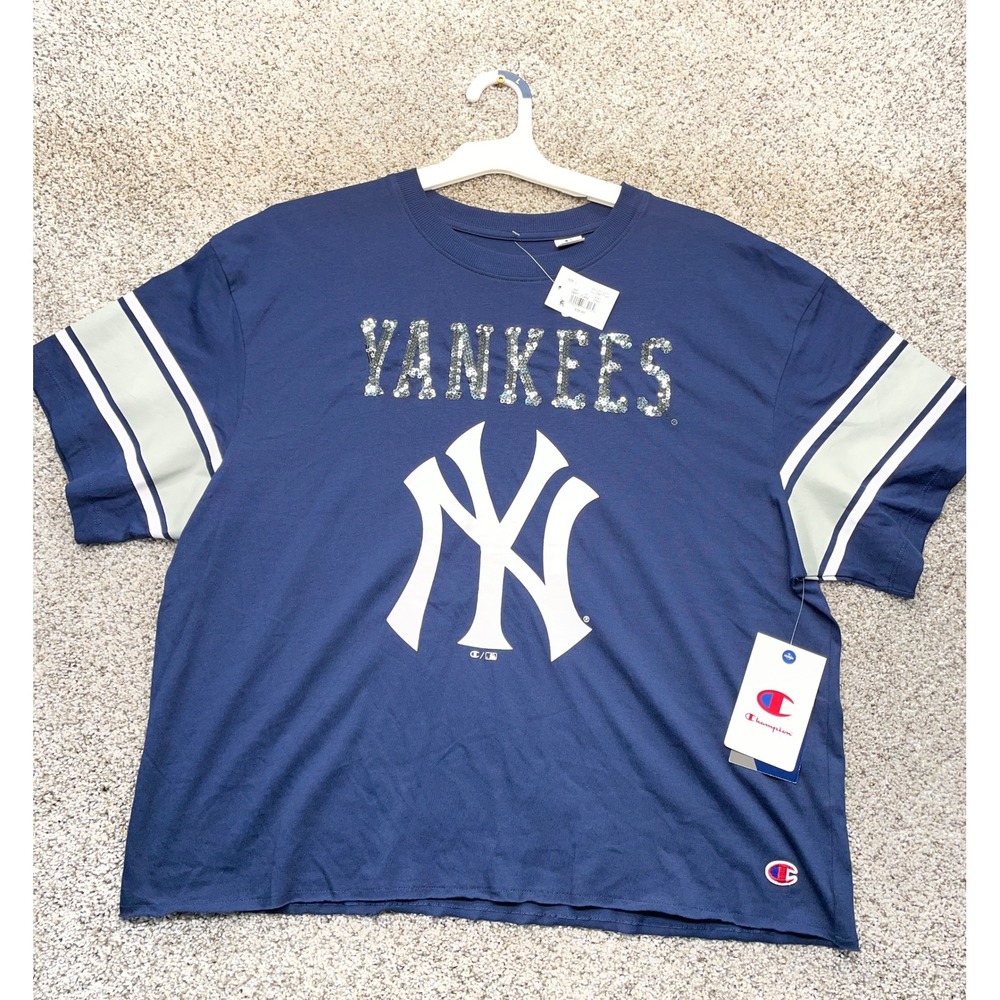 Champion T-Shirt Women L Blue NEW Sequins New York Yankees MLB